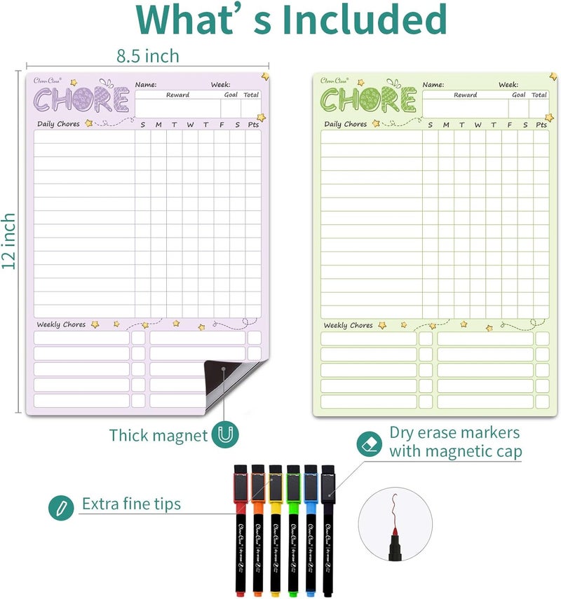 Clever Clean Magnetic Dry Erase Chore Chart - 8.5"x12" Behavior Responsibility Chore Board for Kids, Teenagers - 6 Extra Fine Point Markers Included - Shipped Flat 2 Pcs - Image 2
